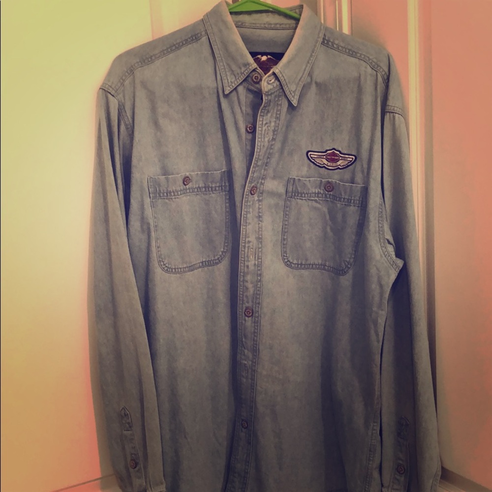 VINTAGE Harley Davidson L Blue Jean Long Sleeve